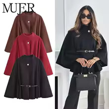 MUJER Cinture-poncho-mantelli da donna, mantelli neri, cappotti invernali da donna, 2025, cappotti con mantella e maniche a pipistrello da donna, giacca con mantella alla moda da donna